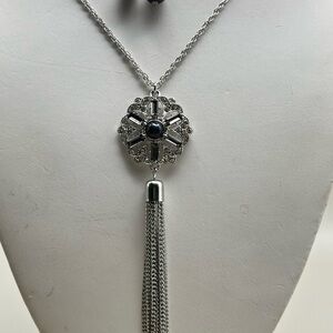 Elegant Silver with Navy Blue Pendant Necklace